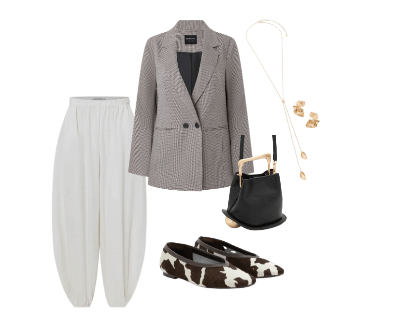 Blazer Alongado em Alfaiataria com Estampa Xadrez Pied de Poule Cinza ; Calça Balloon em Tricoline com Elástico no Cós e Tornozelo Off White ; Sapatilha em Couro com Estampa Animal Print Vaca ; Bolsa Bucket Pequena com Alça de Mão em Metal Base Bola em Metal Preto ; Conjunto de Colar Gravatinha Rabo de Rato e Brinco Meia Flor Dourado