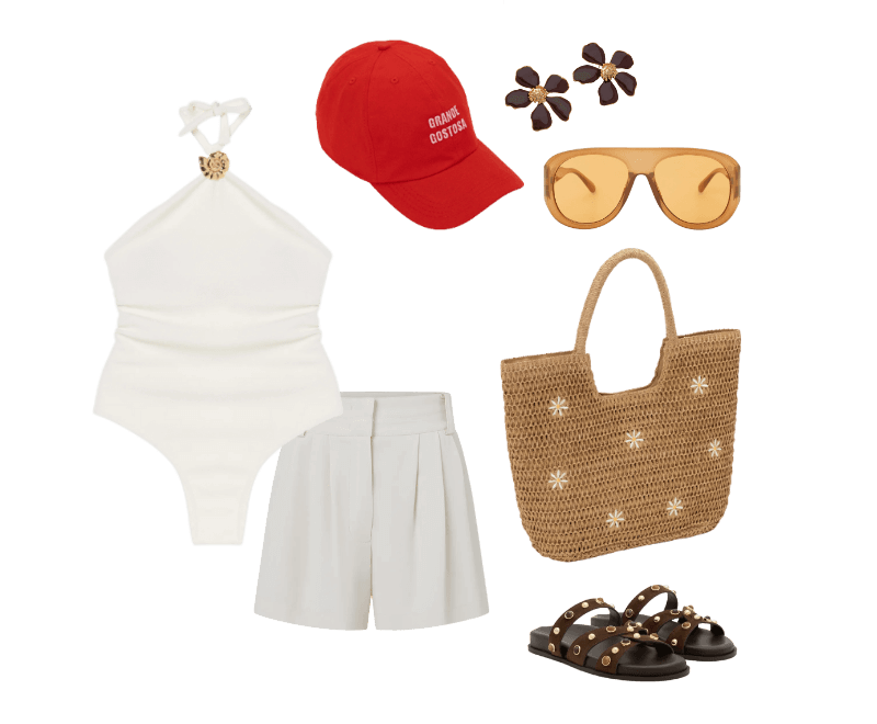 Bermuda em Crepe com Pregas e Cinto Off White ; Sandália Rasteira com Pedrarias nas Tiras Marrom ; Óculos de Sol Aviador com Lente Âmbar Laranja ; Boné Aba Curva em Sarja com Bordado Grande Gostosa Vermelho ; Brinco em Metal Formato de Flor com Miolo Marrom ; Maiô Halter em Microfibra Texturizada com Aviamento de Concha Caracol Branco ; Bolsa de Praia em Palha com Bordado de Margaridas Bege