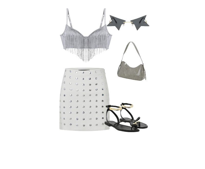 Sutiã sem Bojo em Microfibra com Strass e Franjas Prata ; Óculos de Sol Gateado em Metal com Formato Estrela Preto ; Saia Curta em Bengaline com Tachas Metalizadas Off White ; Bolsa Shoulder em PU com Alça de com Fivela Cinza ; Sandália Rasteira com Detalhes Bold Preto