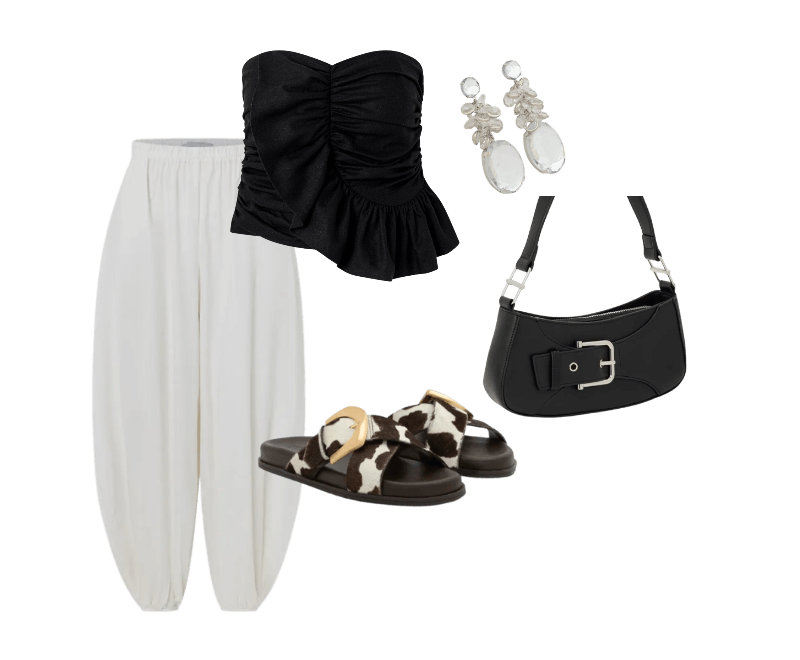 Calça Balloon em Tricoline com Elástico no Cós e Tornozelo Off White ; Rasteira em Couro com Tiras Cruzadas e Fivela Marrom ; Bolsa Baguete Pequena com Detalhe em Fivela Preto ; Maxi Brinco em Strass com Pingente Cristal Artificial Prata ; Blusa Tomara que Caia em Viscolinho com Babado Frontal Preto