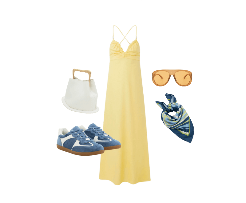 Tênis Chuteira com Recortes Azul ; Bolsa Bucket Pequena com Alça de Mão em Metal Base Bola em Metal Off White ; Óculos de Sol Aviador com Lente Âmbar Laranja ; Lenço Quadrado em Cetim com Estampa de Listras Multicores ; Vestido Long Midi em Viscolinho com Franzido e Aviamento Amarelo