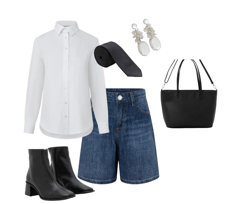 Camisa em Tricoline com Abotoamento e Punho Largo Branco Neve ; Bermuda em Jeans com Passantes no Cós e Bolsos Blue Jeans Escuro ; Bota Cano Médio em Couro com Bico Quadrado e Salto Bloco Preto ; Gravata Slim Básica Acetinada Preto ; Maxi Brinco em Strass com Pingente Cristal Artificial Prata ; Bolsa Shopper Grande em PU Textura Safiano com Alça Longa Preto