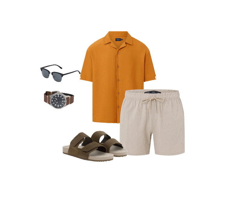 Bermuda de Banho Básica em Microfibra Texturizado  Bege ; Sandália Slide em Camurça e Tiras com Velcro Marrom Claro ; Óculos de Sol Quadrado em Policarbonato Emborrachado Preto ; Relógio Masculino Analógico com Caixa em Metal e Pulseira em Couro Champion Marrom ; Camisa Boxy Em Viscose Com Textura Bowling Laranja