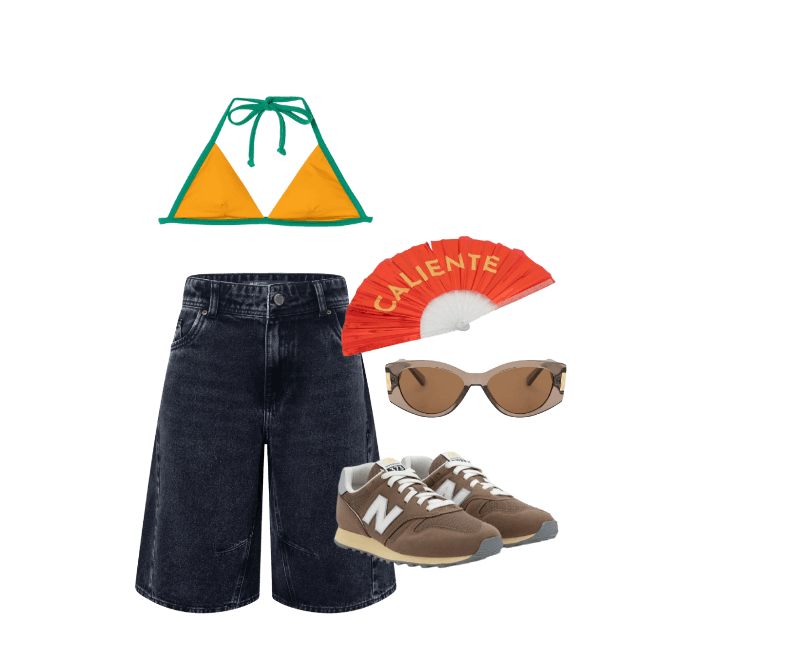 Tênis Jogging 373V2 em Couro New Balance Marrom ; Óculos de Sol Quadrado Levemente Gateado com Detalhe Lateral de Metal Marrom ; Biquíni Top Triângulo em Microfibra com Viés Contrastante Amarelo ; Leque em Plástico Metalizado com Lettering Caliente Vermelho ; Bermuda Jorts em Jeans com Recortes Preto