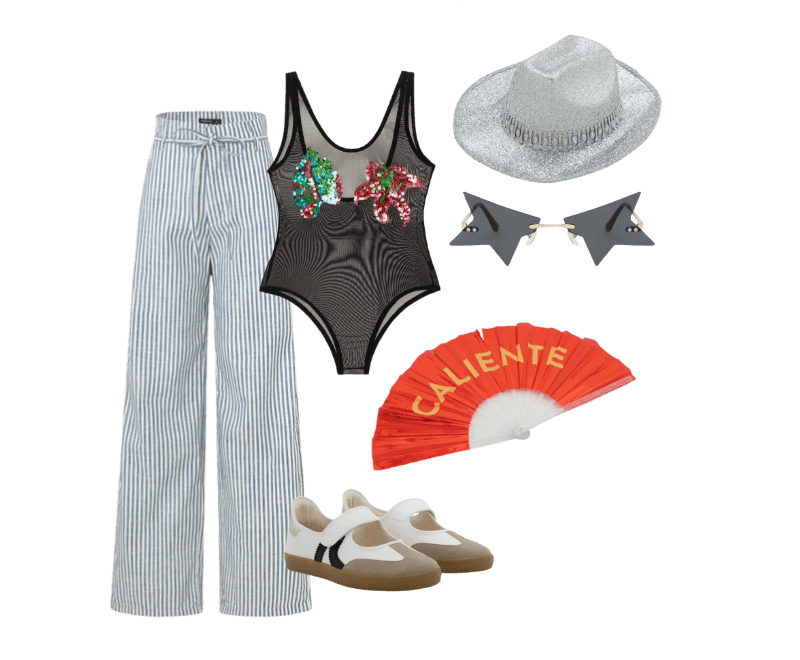 Calça Wide Leg em Sarja com Listras e Cinto Fino Azul Médio ; Tênis Chuteira com Abertura e Recortes Contrastantes Off White ; Body Tule com Bordado de Folha e Flor Preto ; Chapéu Metalizado com Aplicações Prata ; Óculos de Sol Gateado em Metal com Formato Estrela Preto ; Leque em Plástico Metalizado com Lettering Caliente Vermelho