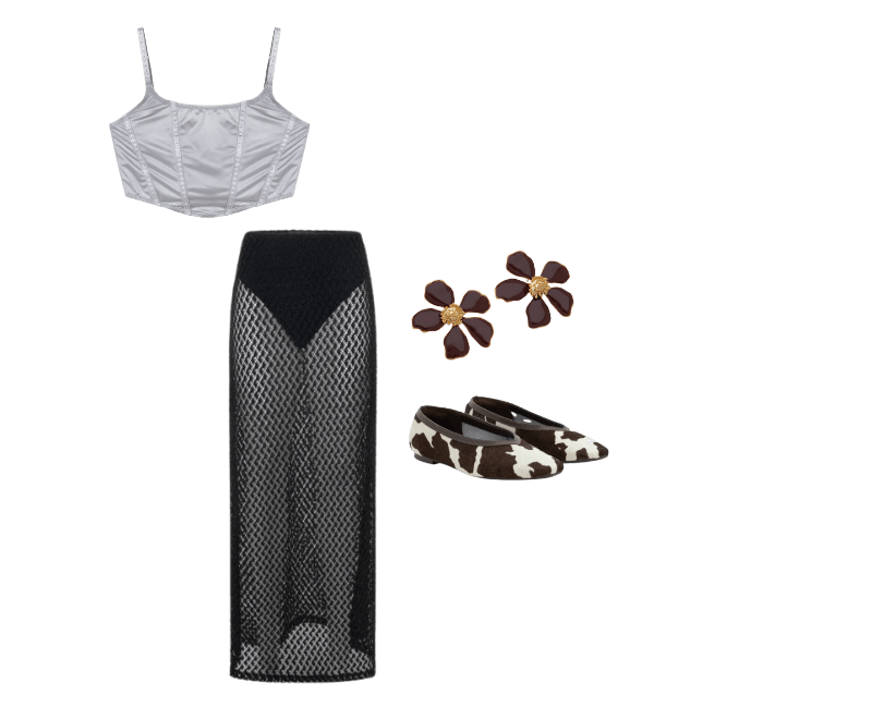 Saia New Midi em Tricô com Transparência e Forro Hot Pants Preto ; Sapatilha em Couro com Estampa Animal Print Vaca ; Brinco em Metal Formato de Flor com Miolo Marrom ; Top Corsetado em Microfibra com Aplicação de Strass Prata