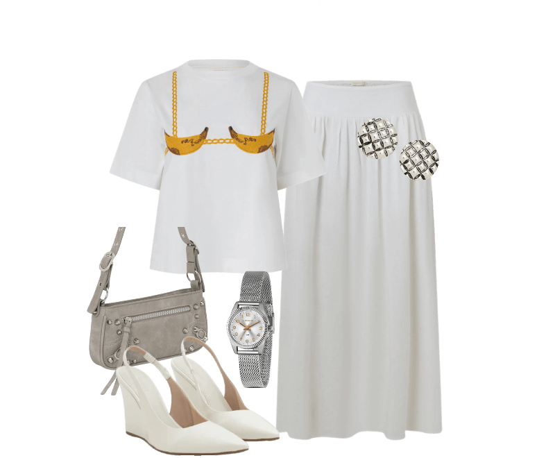 Sapato Scarpin Anabela com Tira Elástica Off White ; Bolsa Baguete com Detalhes em Metal e Alça Regulável Cinza ; Relógio Lince Analógico com Pulseira e Caixa em Metal LRM4674L S2SX U ; Brinco Botão em Metal com Textura de Serpente e Efeito Envelhecido Prata ; Camiseta em Algodão com Bordado de Biquini de Banana Branco ; Saia Evasê Midi em Viscolinho com Lastex no Cós Branco