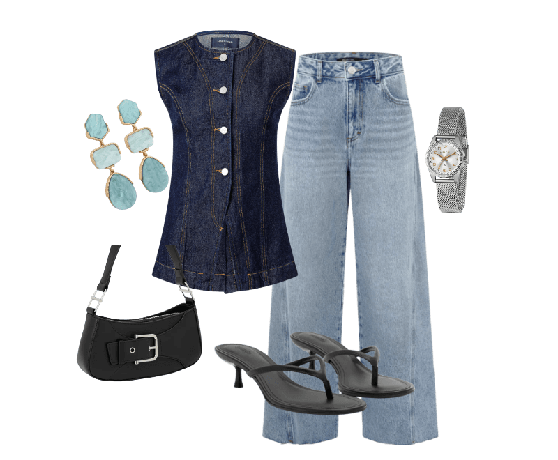 Sandália Mule em PU Kitten Heel Preto ; Bolsa Baguete Pequena com Detalhe em Fivela Preto ; Relógio Lince Analógico com Pulseira e Caixa em Metal LRM4674L S2SX U ; Brinco Médio com Formas Geométricas Verde ; Calça Wide em Jeans com Lateral Deslocada Azul Médio ; Colete Acinturado em Jeans com Costura Aparente Escuro