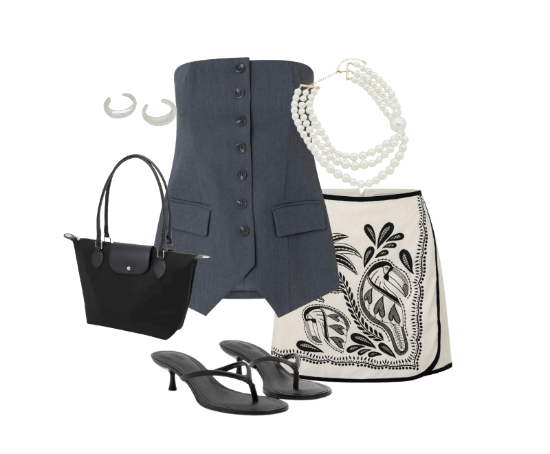 Sandália Mule em PU Kitten Heel Preto ; Bolsa Grande com Zíper Lapela e Alça Dupla Preto ; Kit 02 Braceletes Rígidos Orgânicos em Metal e Resina Prata ; Maxi Colar em Perolas Artificiais com 03 Voltas Branco ; Short Saia em Viscolinho com Estampa Tropical Bege ; Colete Alfaiatado Sem Alça com Botões e Barra V Cinza