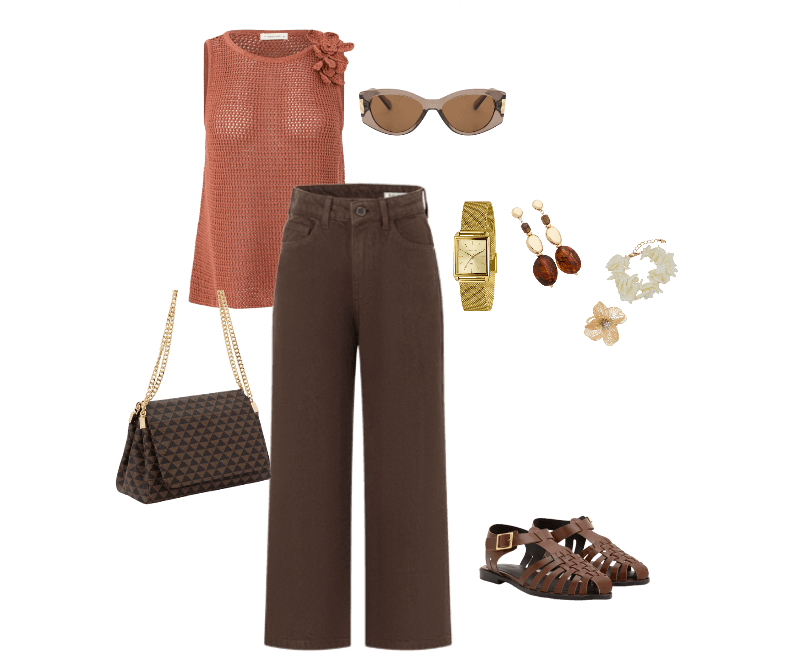 Sandália Rasteira Fisherman com Tiras Trançadas Marrom ; Bolsa Shoulder Média em PU Estampa Triângulos e Alça com Corrente Marrom ; Óculos de Sol Quadrado Levemente Gateado com Detalhe Lateral de Metal Marrom ; Relógio de Metal Lince Feminino Analógico com Caixa de Metal e Pulseira de Aço LQG4766L25 C1KX Dourado ; Maxi Brinco com Pingentes Orgânicos em Resina Dourado/Marrom ; Maxi Anel em Metal com Formato de Flor Aramada Dourado ; Pulseira com Pedras em Formato de Cascalhos Perolado ; Blusa em Tricô com Ponto Vazado Flor de Tecido no Ombro Cobre ; Calça Reta Cropped em Sarja com Passantes no Cós Marrom
