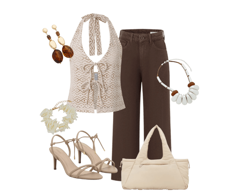 Sandália com Tiras e Bico Folha Bege ; Bolsa Shopper Grande com Estampa lisa Off White ; Maxi Brinco com Pingentes Orgânicos em Resina Dourado/Marrom ; Pulseira com Pedras em Formato de Cascalhos Perolado ; Maxi Colar com Cordão de Nós e Palitos com Argolas Escovadas Prata ; Calça Reta Cropped em Sarja com Passantes no Cós Marrom ; Colete Texturizado com Amarrações Frontais Bege