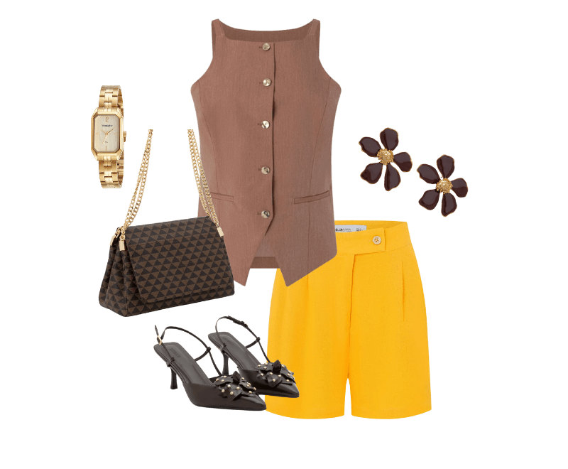Sapato Slingaback com Flor e Cravinhos Marrom ; Bolsa Shoulder Média em PU Estampa Triângulos e Alça com Corrente Marrom ; Relógio Mondaine Feminino Analógico Dourado ; Brinco em Metal Formato de Flor com Miolo Marrom ; Short Cintura Alta em Viscolinho com Pregas e Bolsos Mostarda ; Colete Alfaiatado com Amarração nas Costas e Botões Contrastantes Marrom