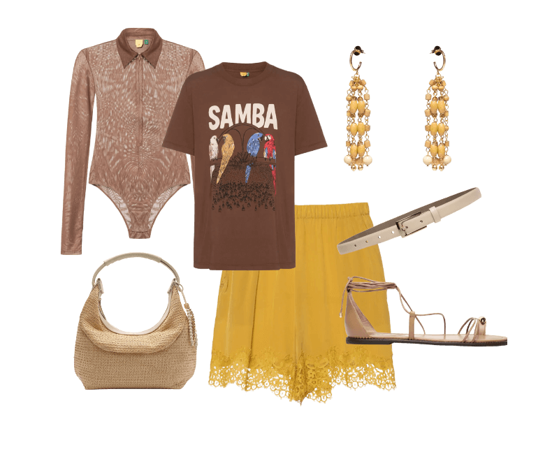 Sandália Feminina Salto Rasteiro Marrom Schutz ; Short Feminino Tipo Slip Com Renda Amarelo Animale ; Bolsa Feminina Tiracolo Couro Média Dobrável Bege Arezzo + Isla ; Brinco Feminino Som Do Mar Madeirinhas Bege Dress To ; Cinto Feminino Em Couro Com Fivela Quadrada Off White Basiq ; Body Feminino Tule Marrom Farm ; Camiseta Feminina Média Na Avenida Marrom Farm