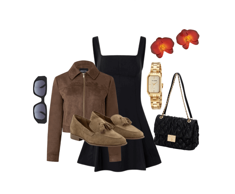 Jaqueta em Suede com Gola de Lapela e Bolso Lateral Marrom ; Sapato Mocassim em Camurça com Franja Marrom Claro ; Óculos de Sol Quadrado com Detalhes Facetados e Lente Fumê Degrade Preto ; Relógio Mondaine Feminino Analógico Dourado ; Maxi Brinco com Forma de Orquídea Esmaltada Laranja ; Vestido Evasê Curto em Bengaline Com Decote Quadrado Preto ; Bolsa Shoulder Grande Texturizada com Locker Metal em Light Gold Preto