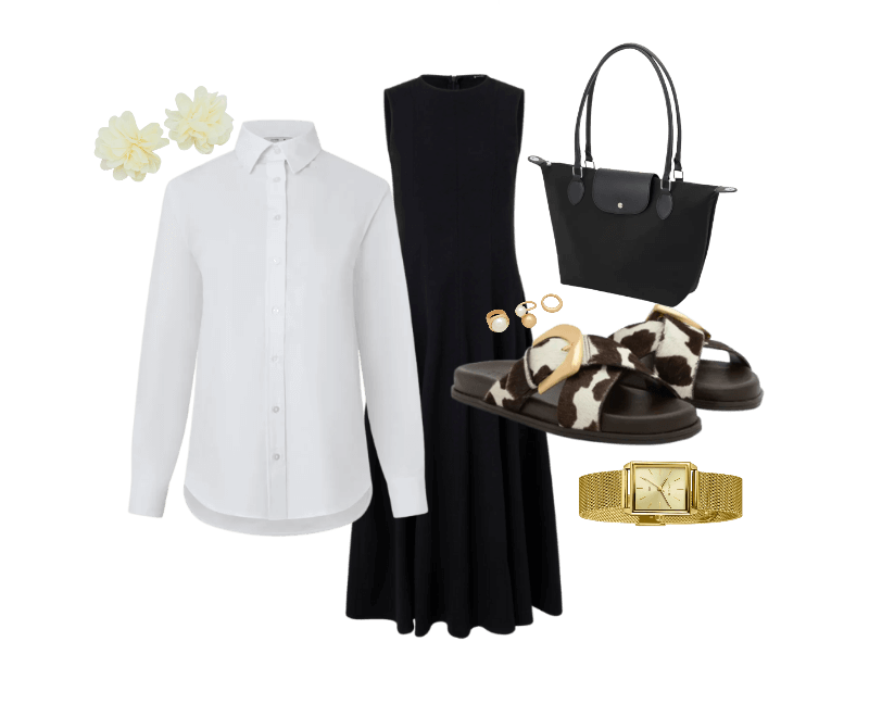 Camisa em Tricoline com Abotoamento e Punho Largo Branco Neve ; Rasteira em Couro com Tiras Cruzadas e Fivela Marrom ; Bolsa Grande com Zíper Lapela e Alça Dupla Preto ; Relógio de Metal Lince Feminino Analógico com Caixa de Metal e Pulseira de Aço LQG4766L25 C1KX Dourado ; Maxi Brinco Flor com Pétalas Off White ; Kit 03 Anéis em Metal com Diferentes Formas Dourado ; Vestido Evasê Midi em Bengaline com Alça Larga Preto