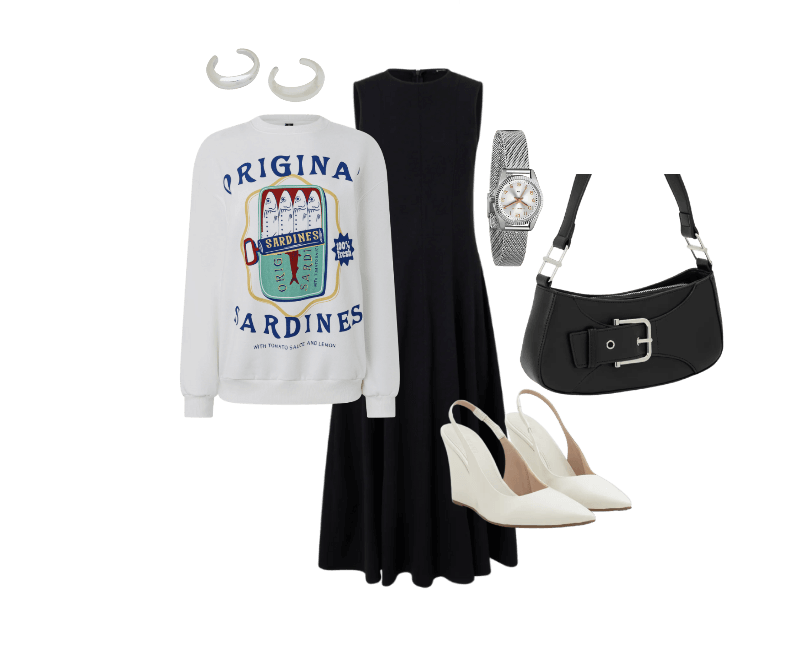 Sapato Scarpin Anabela com Tira Elástica Off White ; Bolsa Baguete Pequena com Detalhe em Fivela Preto ; Relógio Lince Analógico com Pulseira e Caixa em Metal LRM4674L S2SX U ; Kit 02 Braceletes Rígidos Orgânicos em Metal e Resina Prata ; Casaco em Moletom com Felpa e Estampa de Animais Snow White ; Vestido Evasê Midi em Bengaline com Alça Larga Preto