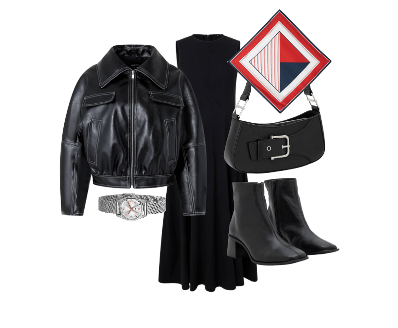 Jaqueta Bomber em PU com Pesponto Contrastante Preto ; Bota Cano Médio em Couro com Bico Quadrado e Salto Bloco Preto ; Bolsa Baguete Pequena com Detalhe em Fivela Preto ; Lenço Acetinado Estampado Com Listras Navy Vermelho ; Relógio Lince Analógico com Pulseira e Caixa em Metal LRM4674L S2SX U ; Vestido Evasê Midi em Bengaline com Alça Larga Preto