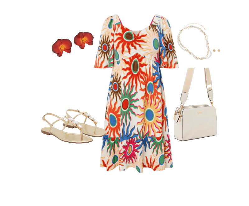 Maxi Brinco com Forma de Orquídea Esmaltada Laranja ; Conjunto de Colar Pérola Trançada com Corrente e Brinco de Concha em metal Dourado ; Vestido Curto Texturizado em Viscose com Estampa Sol Multicores ; Bolsa Transversal Média em PU com Alça Gorgorão Bege ; Sandália Rasteira com Tiras Finas e Pedras Dourado