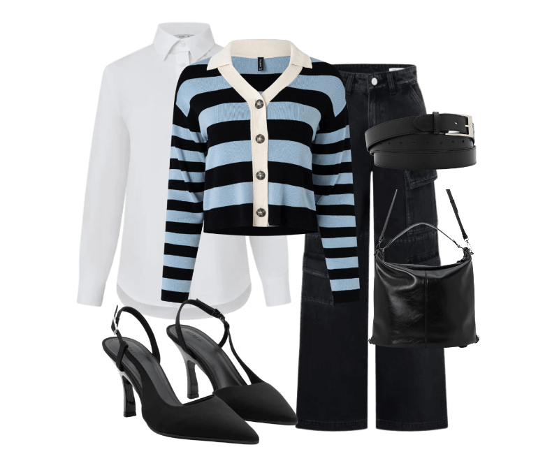 Camisa em Tricoline com Abotoamento e Punho Largo Branco Neve ; Calça Wide Leg em Jeans com Bolso Cargo Preto ; Cinto Alongado em Couro com Volta Dupla e Fivela Quadrada Metalizada Preto ; Casaco Cardigan em Tricô com Gola Polo e Listras Azul ; Bolsa Hobo Grande com Expansão Lateral de Zíper Preto ; Sapato Scarpin Slingback com Abertura Lateral Preto