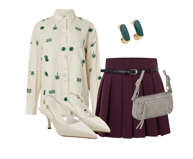 Bolsa Baguete com Detalhes em Metal e Alça Regulável Cinza ; Brinco Argola Quadrada com Detalhe Esmaltado Bicolor Dourado/Verde ; Camisa em Viscolinho com Bordado Tropical Off White ; Short Saia Alfaiatado com Cinto de PU e Textura Plissada Vinho ; Sapato Slingback com Aviamento Lateral Off White