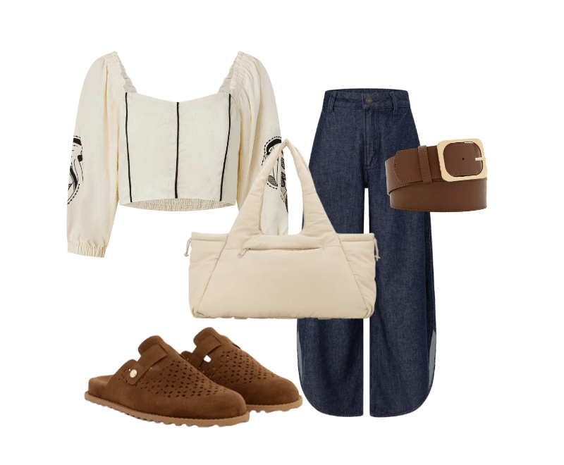 Sapatilha Sabot Mule com Efeito Camurça e Furinhos Marrom ; Bolsa Shopper Grande com Estampa lisa Off White ; Cinto Médio em PU com Fivela Quadrada Marrom ; Blusa Curta em Viscolinho com Estampa Tropical e Manga 3/4 Bege ; Calça Barrel em Jeans com Fenda Lateral Azul