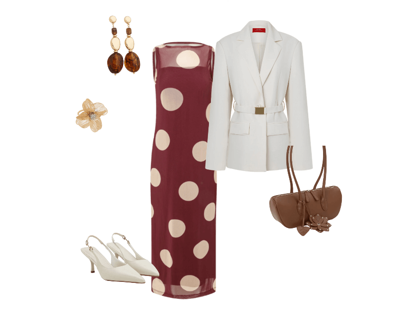 Bolsa Baguete em PU com Charm de Flor e Folha 3D Marrom ; Maxi Brinco com Pingentes Orgânicos em Resina Dourado/Marrom ; Maxi Anel em Metal com Formato de Flor Aramada Dourado ; Blazer em Crepe com Lapelas e Cinto Afivelado Off White ; Vestido Midi em Tule com Estampa Poá Grande Bordô ; Sapato Slingback com Aviamento Lateral Off White