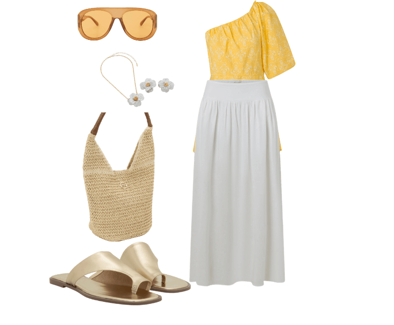 Óculos de Sol Aviador com Lente Âmbar Laranja ; Conjunto de Colar e Brinco Formato de Flor Dourado/Bege ; Bolsa de Praia em Palha com Alça de PU Trançada Bege ; Saia Evasê Midi em Viscolinho com Lastex no Cós Branco ; Vestido Balonê Ombro Só em Tricoline com Estampa Floral Amarelo ; Sandália Rasteirinha Mule em Couro com Cabedal Largo Dourado