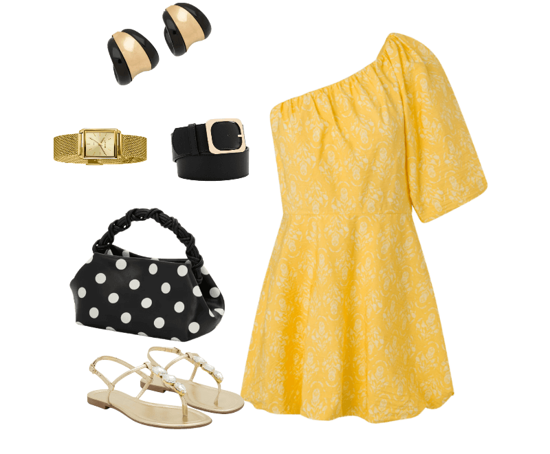 Relógio de Metal Lince Feminino Analógico com Caixa de Metal e Pulseira de Aço LQG4766L25 C1KX Dourado ; Cinto Médio em PU com Fivela Quadrada Preto ; Vestido Balonê Ombro Só em Tricoline com Estampa Floral Amarelo ; Bolsa de Mão em PU com Alça Removível e Estampa Poá Preto/Branco ; Sandália Rasteira com Tiras Finas e Pedras Dourado ; Brinco Argola em Metal com Acabamento Brilhante Preto-AC