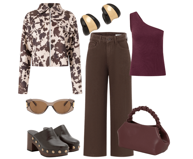 Óculos de Sol Quadrado Levemente Gateado com Detalhe Lateral de Metal Marrom ; Blusa em Ombro Único com Textura Bordô ; Calça Reta Cropped em Sarja com Passantes no Cós Marrom ; Jaqueta em Suede com Bolso Fake e Estampa Animal Print Bege ; Bolsa Pequena com Alça de Mão Trançada e Alça Longa Vinho ; Sapato Mule Boho com Tachinhas Marrom ; Brinco Argola em Metal com Acabamento Brilhante Preto-AC