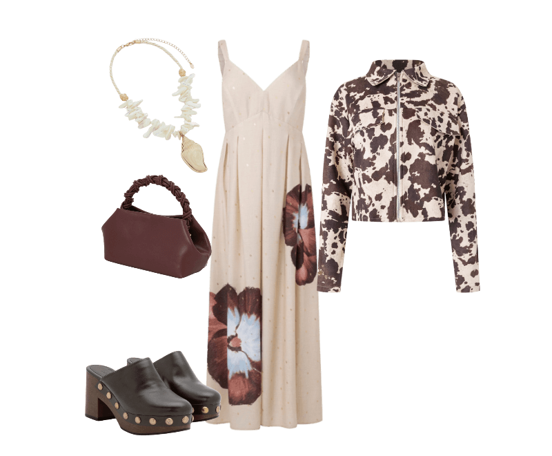 Maxi Colar com Cascalhos Búzios e Pingente de Concha Perolado ; Jaqueta em Suede com Bolso Fake e Estampa Animal Print Bege ; Vestido Longo com Decote V e Estampa Floral Bold Branco ; Bolsa Pequena com Alça de Mão Trançada e Alça Longa Vinho ; Sapato Mule Boho com Tachinhas Marrom