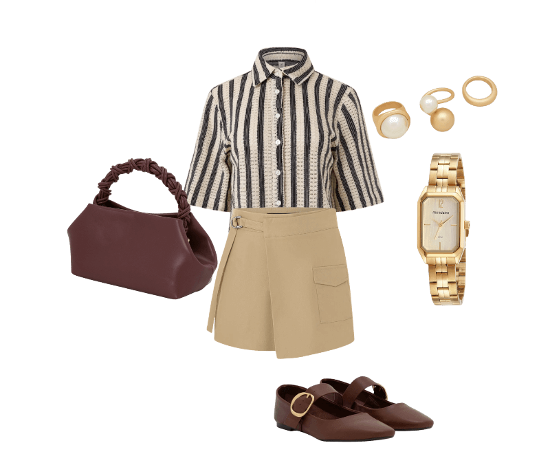 Bermuda em Alfaiataria com Fivela e Bolso Frontal Bege ; Relógio Mondaine Feminino Analógico Dourado ; Kit 03 Anéis em Metal com Diferentes Formas Dourado ; Camisa Curta com Textura e Listras Marrom/Bege ; Bolsa Pequena com Alça de Mão Trançada e Alça Longa Vinho ; Sapatilha em Couro com Tira Afivelada Marrom