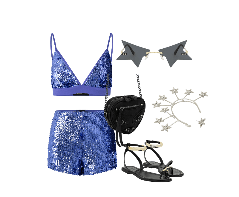 Brinco Ear Cuff com Estrelas em Strass Prata ; Blusa Top em Paetê com Decote V Azul ; Short Curto em Paetê com Efeito Metalizado Azul ; Óculos de Sol Gateado em Metal com Formato Estrela Preto ; Bolsa Transversal Pequena em Formato de Coração com Detalhes nas Fivelas e Corrente Preto ; Sandália Rasteira com Detalhes Bold Preto