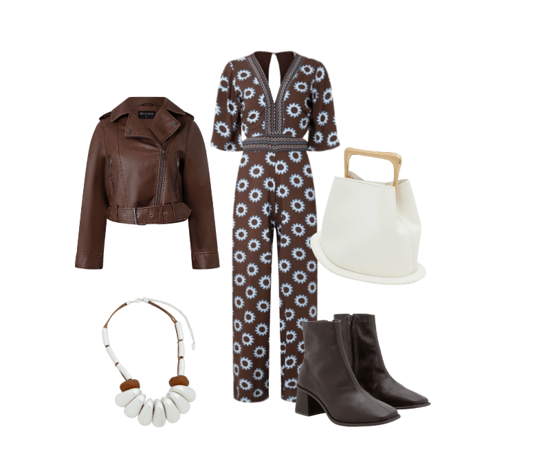 Jaqueta Biker em Material Sintético com Fivela na Barra Marrom ; Macacão em Viscose com Decote V e Estampado Marrom Médio ; Bota Cano Médio em Couro com Bico Quadrado e Salto Bloco Marrom ; Bolsa Bucket Pequena com Alça de Mão em Metal Base Bola em Metal Off White ; Maxi Colar com Cordão de Nós e Palitos com Argolas Escovadas Prata