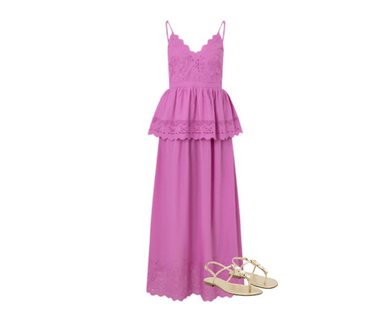 Vestido Evasê Midi em Laise com Sobreposição e Bordados Rosa ; Sandália Rasteira com Tiras Finas e Pedras Dourado