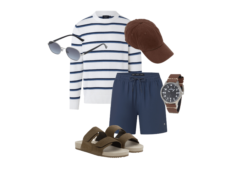 Suéter Em Tricô Listrado E Detalhes Canelados Azul ; Bermuda com Detalhe de Etiqueta Emborrachada Azul ; Sandália Slide em Camurça e Tiras com Velcro Marrom Claro ; Óculos de Sol Redondo com Haste Fina e Lente Fume Degrade Prata ; Boné Aba Curva em Algodão com Strapback Marrom ; Relógio Masculino Analógico com Caixa em Metal e Pulseira em Couro Champion Marrom