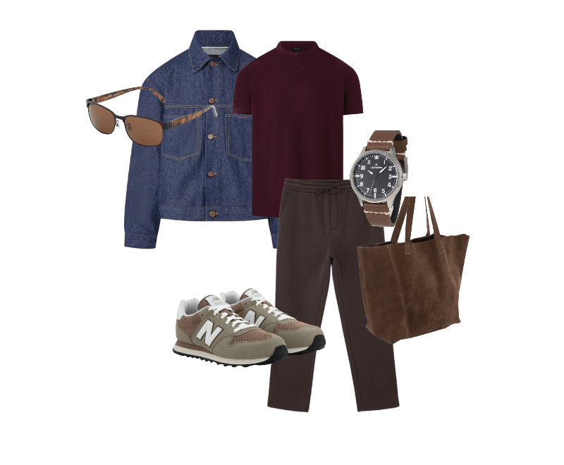 Camisa Polo Slim Em Piquet Texturizado Roxo Escuro ; Jaqueta Em Jeans Com Gola Colarinho E Bolsos Azul ; Tênis New Balance 500V2 em PU com Texturas Cinza ; Óculos Redondo com Haste Tartaruga Marrom/Preto ; Bolsa Tote em Camurça com Costura Aparente Marrom Médio ; Relógio Masculino Analógico com Caixa em Metal e Pulseira em Couro Champion Marrom ; Calça Reta em Moletom com Bolsos e Amarração no Cós Marrom