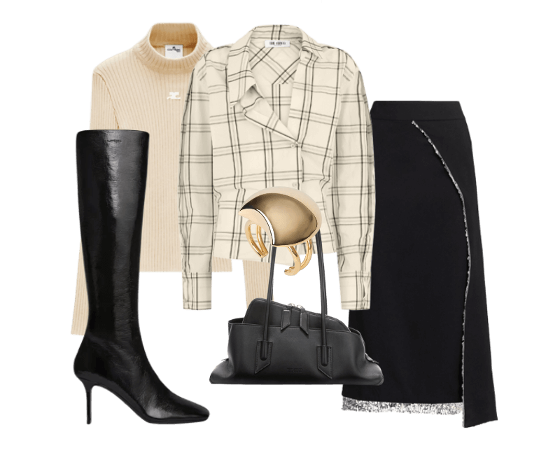 Saia Detalhe Brilho Rabanne ; Tricot Reedition Courrèges ; Bolsa Passeggiata Small The Attico ; Camisa Popeline The Attico ; Bota Square Toe Courrèges ; Bracelete Metal Esfera Ava