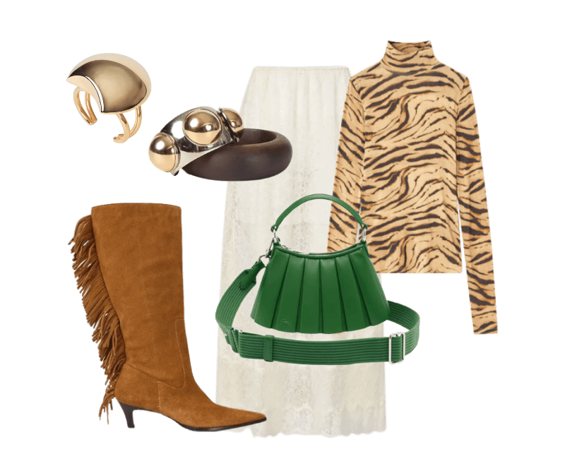 Blusa Estampada Turtleneck Ganni ; Saia Renda Lingerie Lira ; Bota Franja Carol ; Kit Pulseiras Esfera Ana Totta ; Bolsa Mini Lenglen Lacoste ; Bracelete Metal Esfera Ava