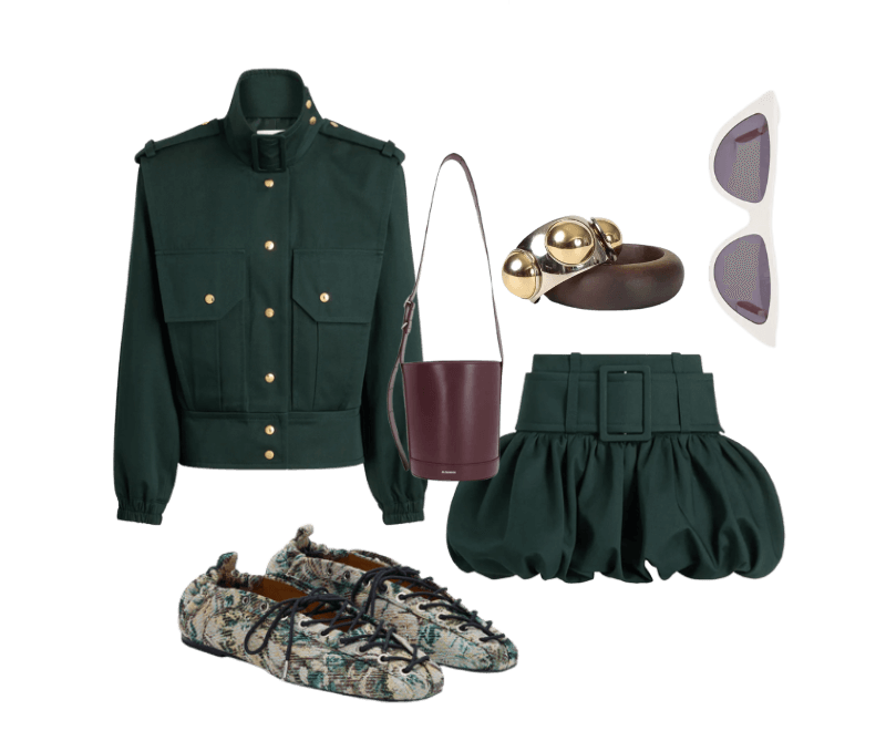 Sapatilha Eyelets Lace Up Ganni ; Kit Pulseiras Esfera Ana Totta ; Bolsa Cannolo Bucket Jil Sander ; Jaqueta Belted Patou ; Saia Mini Ruffle Patou ; Óculos Agua