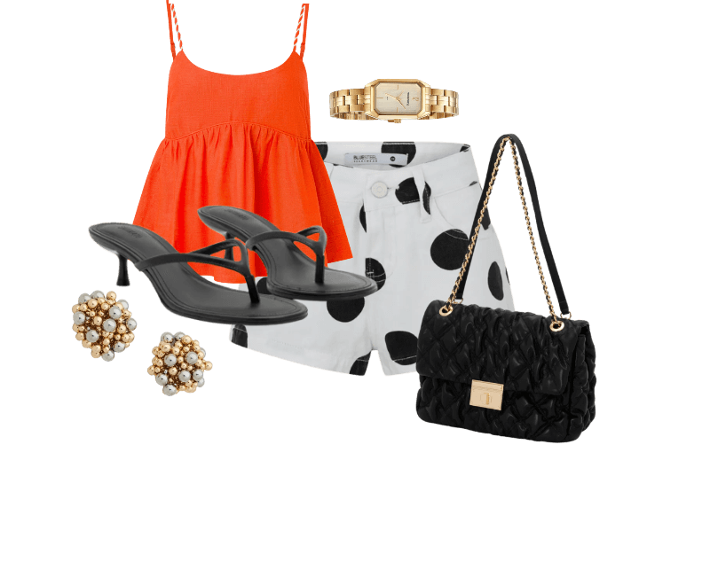 Sandália Mule em PU Kitten Heel Preto ; Relógio Mondaine Feminino Analógico Dourado ; Short Micro Cintura Baixa em Jeans com Estampa Poá Off White/Estonado ; Blusa em Viscolinho com Babado e Alça Bicolor Laranja ; Bolsa Shoulder Grande Texturizada com Locker Metal em Light Gold Preto ; Brinco Botão em Plástico com Esferas Dourado/Prata