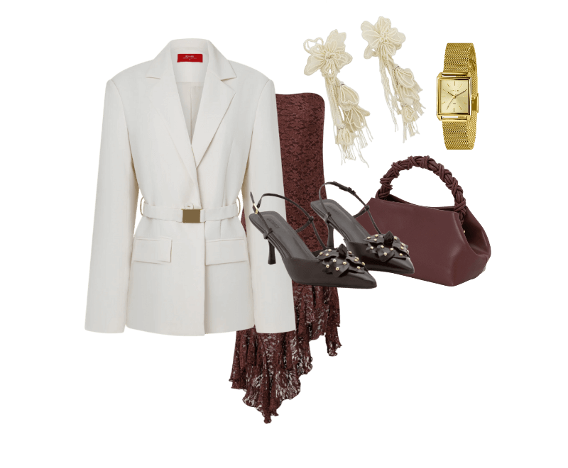 Sapato Slingaback com Flor e Cravinhos Marrom ; Relógio de Metal Lince Feminino Analógico com Caixa de Metal e Pulseira de Aço LQG4766L25 C1KX Dourado ; Blazer em Crepe com Lapelas e Cinto Afivelado Off White ; Vestido Tomara que Caia em Renda com Babado Assimétrico Marrom ; Bolsa Pequena com Alça de Mão Trançada e Alça Longa Vinho ; Maxi Brinco de Miçangas com Forma e Flor e Franjas Off White