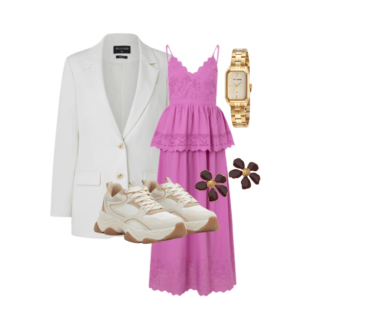 Relógio Mondaine Feminino Analógico Dourado ; Brinco em Metal Formato de Flor com Miolo Marrom ; Blazer Regular em Alfaiataria com Botões e Bolsos Frontais Off White ; Vestido Evasê Midi em Laise com Sobreposição e Bordados Rosa ; Tênis Chunky em PU com Detalhes Ondulados Bege