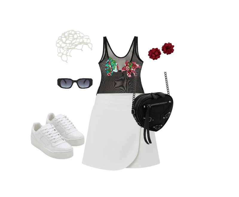 Óculos de Sol Quadrado com Detalhes Facetados e Lente Fumê Degrade Preto ; Maxi Brinco com Formato Rosa Vermelho ; Body Tule com Bordado de Folha e Flor Preto ; Acessório de Cabeça com Pérolas Branco ; Short Saia em Alfaiataria com Sobreposição Arredondada Branco ; Bolsa Transversal Pequena em Formato de Coração com Detalhes nas Fivelas e Corrente Preto ; Tênis Cano Baixo com Recortes e Sola Texturizada Branco
