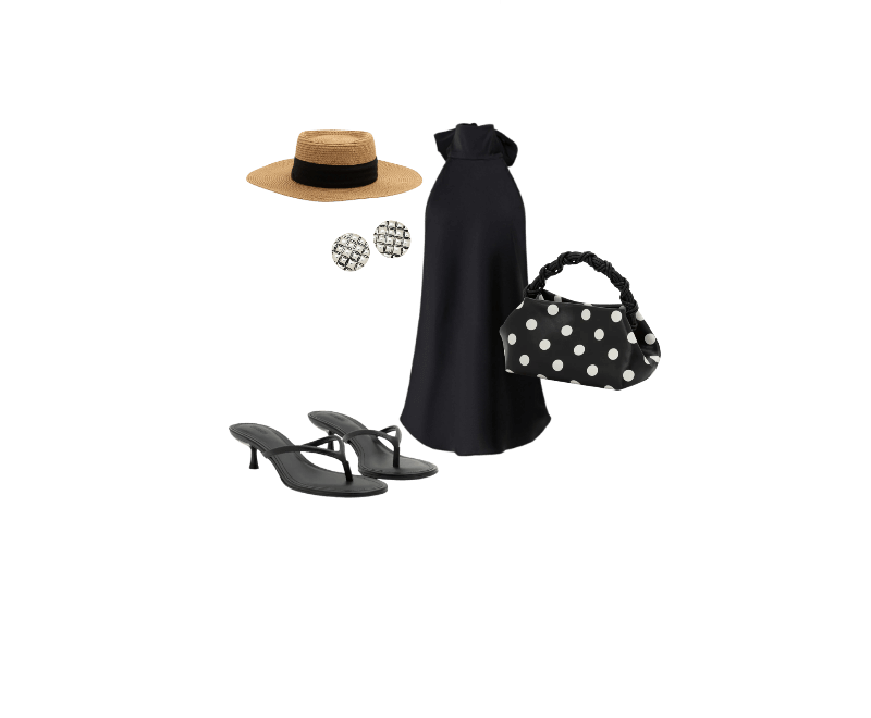 Sandália Mule em PU Kitten Heel Preto ; Chapéu de Praia com Aba Média e Faixa Contrastante Bege ; Brinco Botão em Metal com Textura de Serpente e Efeito Envelhecido Prata ; Vestido Curto Frente Única em Cetim com Gola Halter Preto ; Bolsa de Mão em PU com Alça Removível e Estampa Poá Preto/Branco