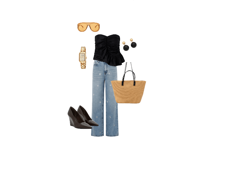Sapato Scarpin Anabela Bico Fino Marrom ; Bolsa de Praia Grande com Bolsinho e Alças em PU Bege ; Óculos de Sol Aviador com Lente Âmbar Laranja ; Relógio Mondaine Feminino Analógico Dourado ; Blusa Tomara que Caia em Viscolinho com Babado Frontal Preto ; Calça Jeans Reta em Denim com Estampa Flor Hibiscos Azul ; Brinco Duplo Pérola Invertida em Resina Preto/Dourado