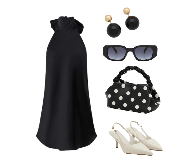 Óculos de Sol Quadrado com Detalhes Facetados e Lente Fumê Degrade Preto ; Vestido Curto Frente Única em Cetim com Gola Halter Preto ; Bolsa de Mão em PU com Alça Removível e Estampa Poá Preto/Branco ; Sapato Slingback com Aviamento Lateral Off White ; Brinco Duplo Pérola Invertida em Resina Preto/Dourado