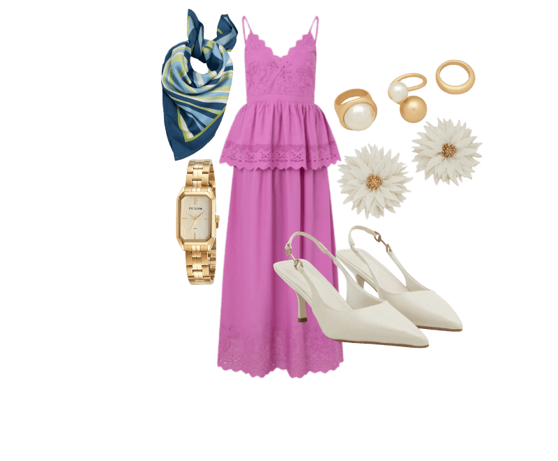 Lenço Quadrado em Cetim com Estampa de Listras Multicores ; Relógio Mondaine Feminino Analógico Dourado ; Brinco Botão em Forma Flor e Centro em Metal Branco ; Kit 03 Anéis em Metal com Diferentes Formas Dourado ; Vestido Evasê Midi em Laise com Sobreposição e Bordados Rosa ; Sapato Slingback com Aviamento Lateral Off White