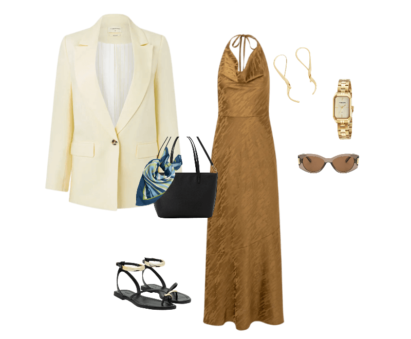 Blazer em Viscolinho com Lapelas e Botão Único Amarelo Pastel ; Óculos de Sol Quadrado Levemente Gateado com Detalhe Lateral de Metal Marrom ; Lenço Quadrado em Cetim com Estampa de Listras Multicores ; Relógio Mondaine Feminino Analógico Dourado ; Vestido Midi Frente Única em Cetim com Decote Degagê Dourado ; Bolsa Shopper Grande em PU Textura Safiano com Alça Longa Preto ; Sandália Rasteira com Detalhes Bold Preto ; Maxi Brinco em Metal Fio Torcido Dourado