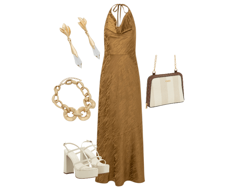 Vestido Midi Frente Única em Cetim com Decote Degagê Dourado ; Bolsa Transversal Pequena com Estampa Listrada e Alça de Corrente Off White ; Sandália Meia Pata com Tiras Finas e Salto Super Alto Off White ; Brinco Médio com Pingente de Cristal e Base com Detalhes em Folha Cristal ; Colar Corrente Maxi em Metal com Elos Achatados Dourado