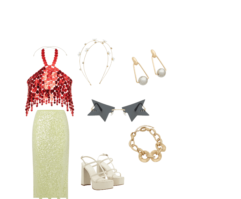 Body Chain em Paetês com Forma de Coração em Elos Vermelho ; Saia Lápis Midi em Paetês com Forro Amarelo ; Tiara em Metal com Flores e Strass - Tam Único Dourado ; Óculos de Sol Gateado em Metal com Formato Estrela Preto ; Sandália Meia Pata com Tiras Finas e Salto Super Alto Off White ; Brinco Médio com Pingente de Esfera Bicolor Dourado/Prata ; Colar Corrente Maxi em Metal com Elos Achatados Dourado